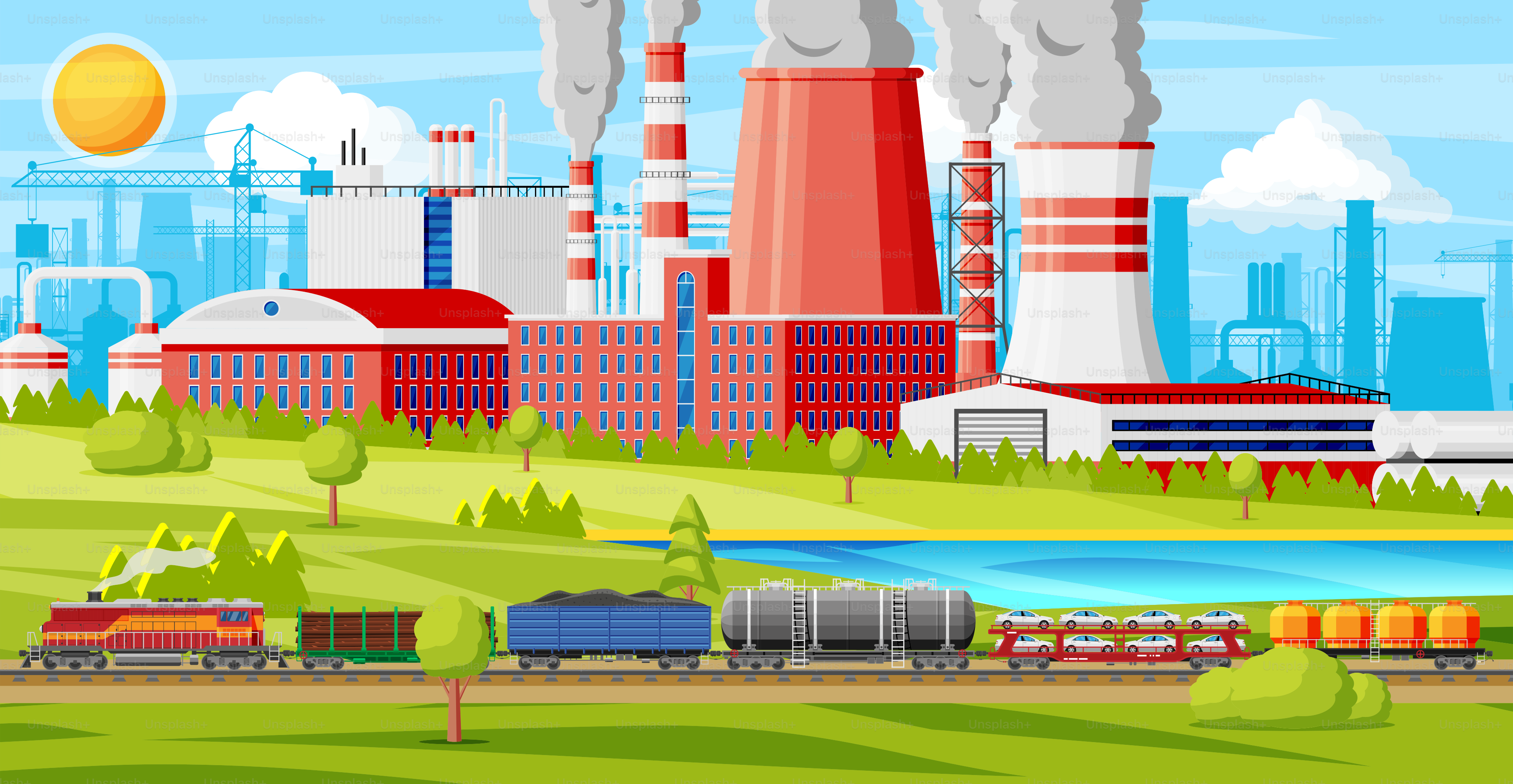 Industrial Landscape of Cargo Rail Transportation with Plant and Fuming Pipes. Factory Building. Pipes, Buildings, Warehouse, Freight Railway Station. Cityscape Urban Skyline. Flat Vector Illustration