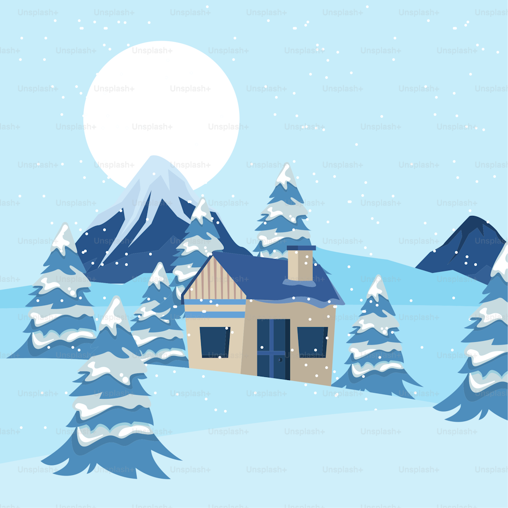 winter landscape with cabin scene