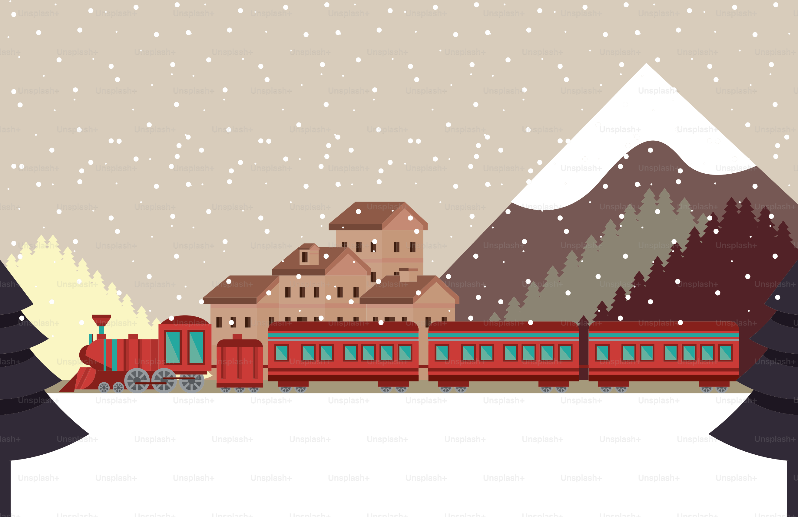 Escena invernal de trenes y casas
