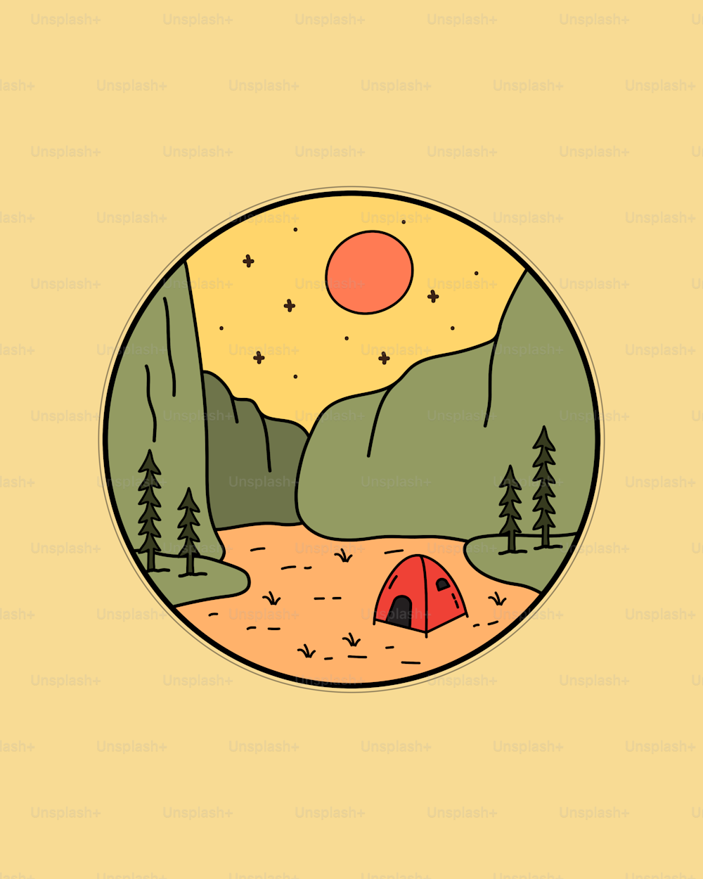 acampamento no design do vetor do vale da montanha, design de tee, design de camiseta