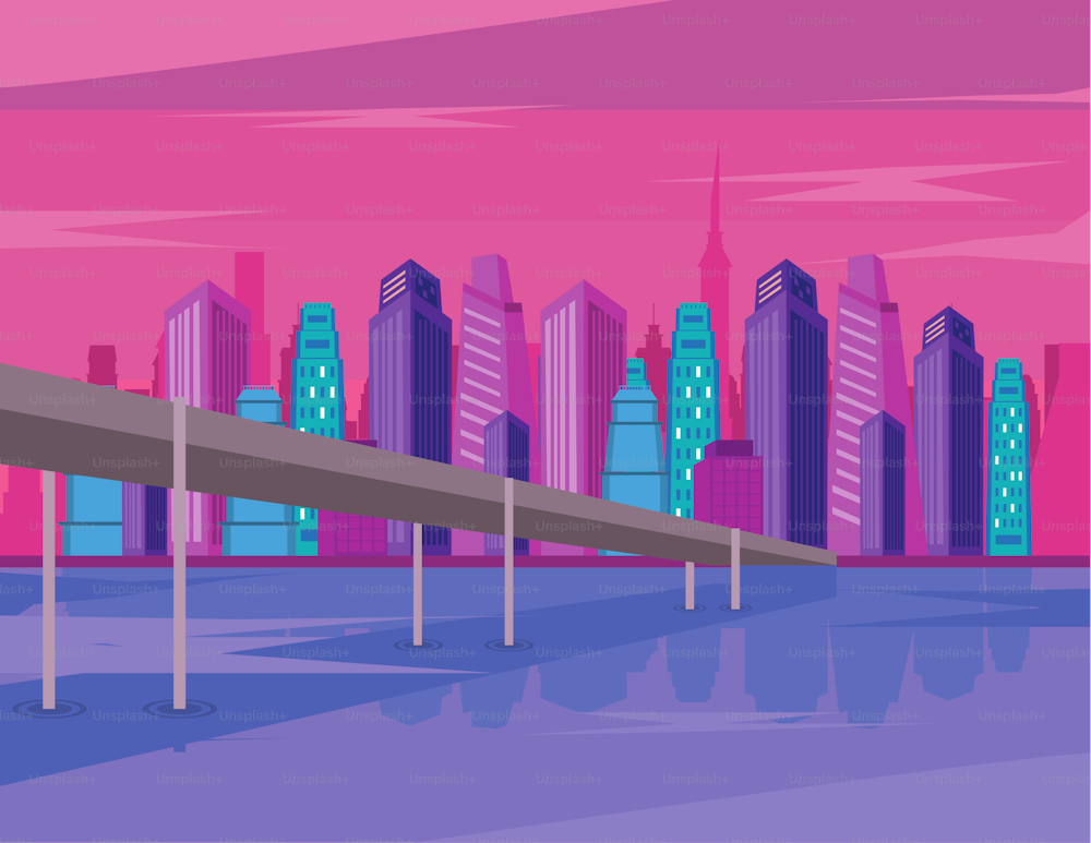 Edificios de metrópolis y paisaje urbano de puentes