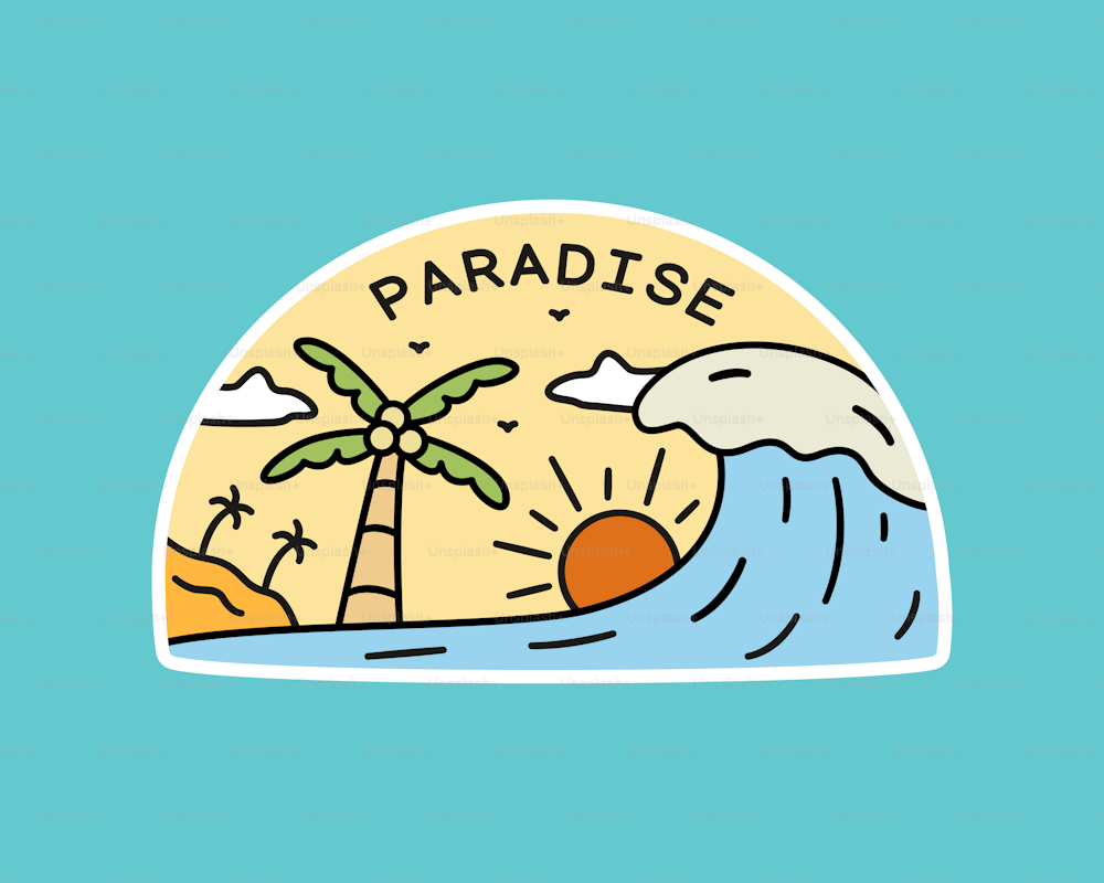 O paraíso na praia vibes de verão design para emblema, adesivo, patch, design de camiseta, etc