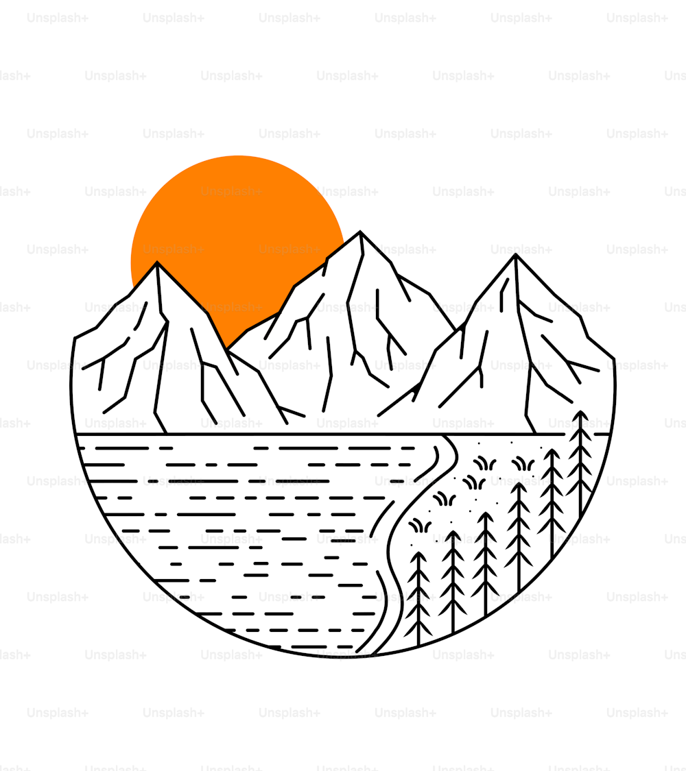 mono line design of mountain and lake views at sunrise