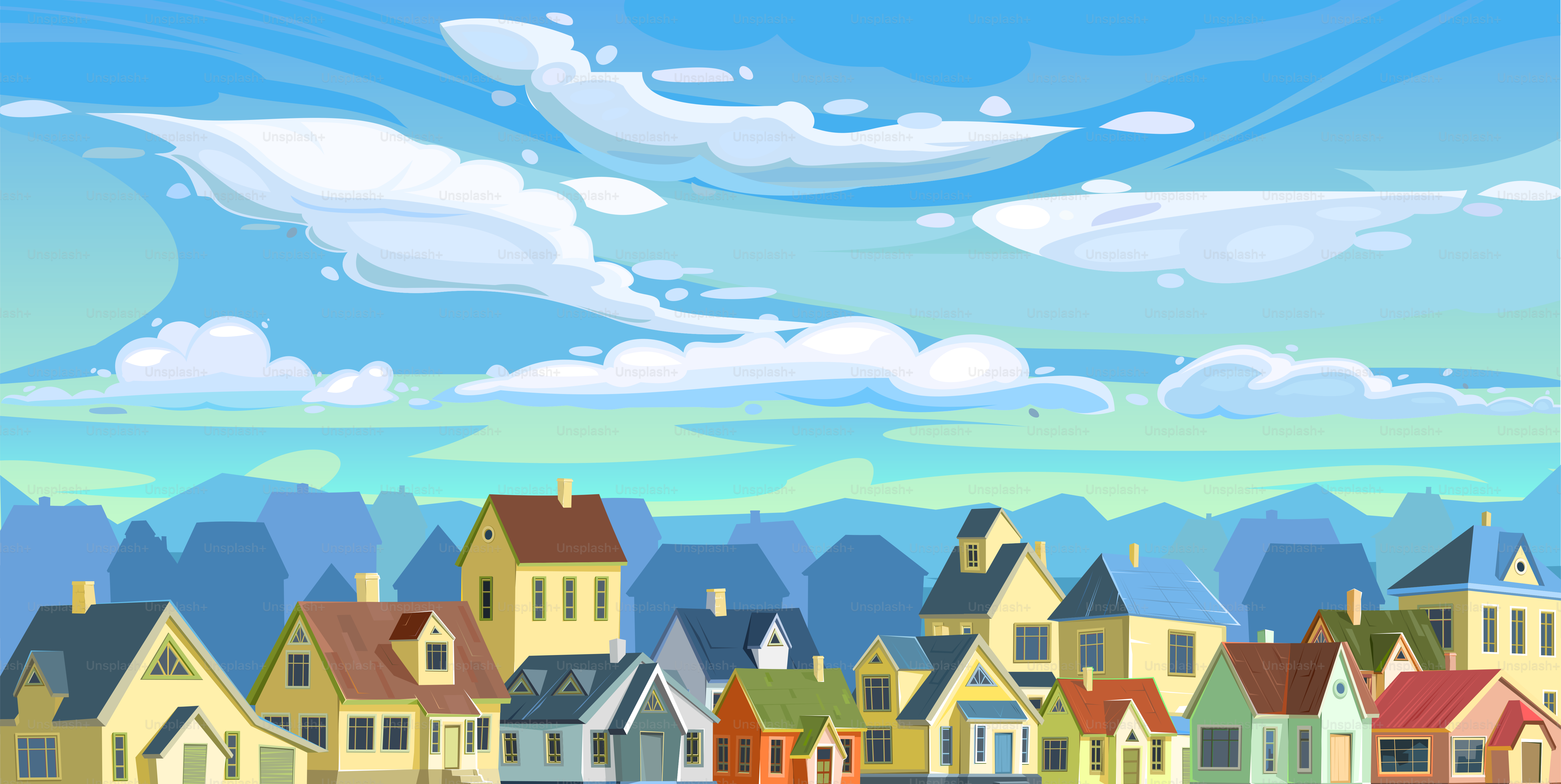Un pueblo o un pequeño pueblo rural. Casas pequeñas. Calle en un alegre estilo plano de dibujos animados. Pequeñas y acogedoras cabañas suburbanas con cielo. Vector.