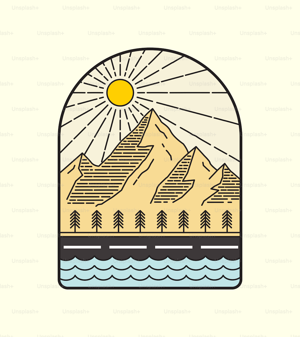 mountain and road scenery vector design in mono line art, patch badge vector, T-shirt Design