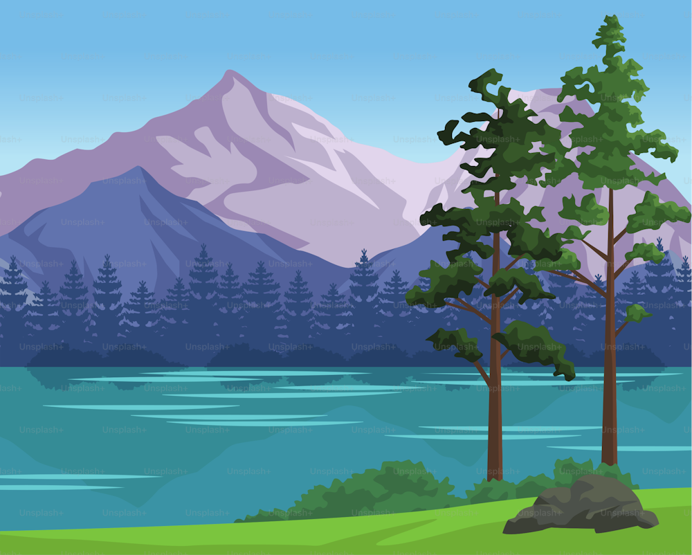 escena de pasión por los viajes con lago y árboles