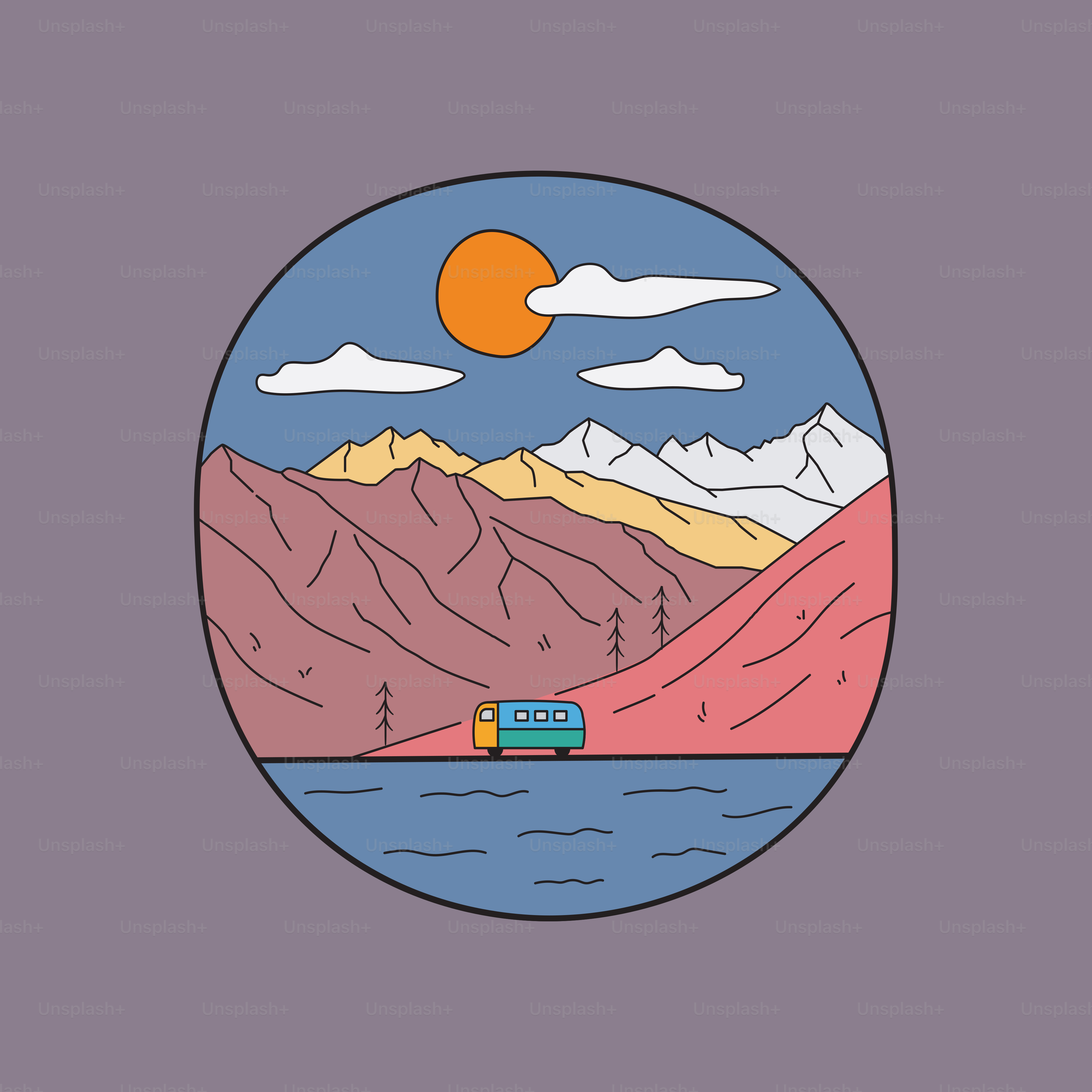 bus journey through beautiful mountains in mono line art, patch badge design, emblem design, T-Shirt Design