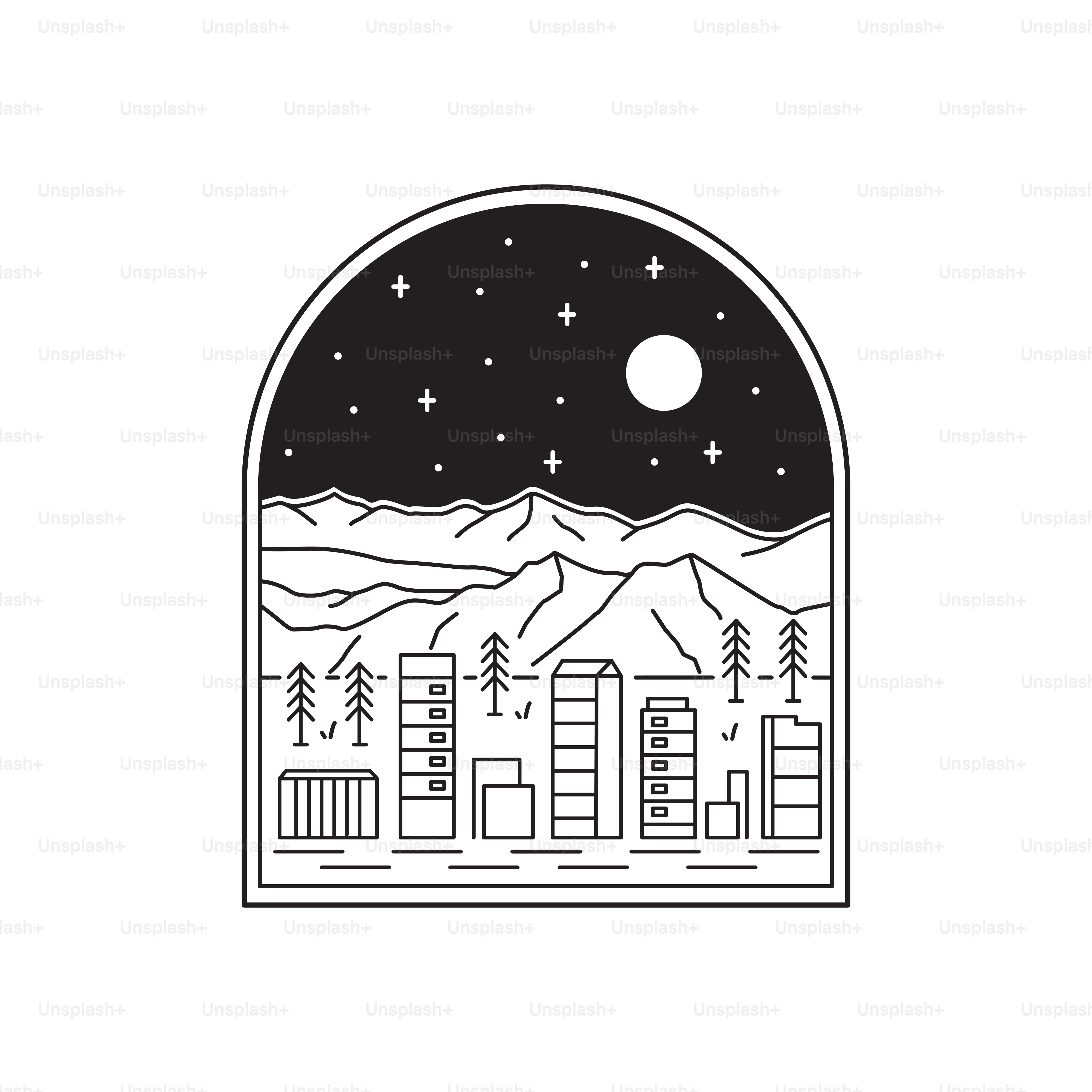 Una vista di una città sotto una montagna in arte monolineare, illustrazione grafica con distintivo con spilla patch, design di maglietta vettoriale