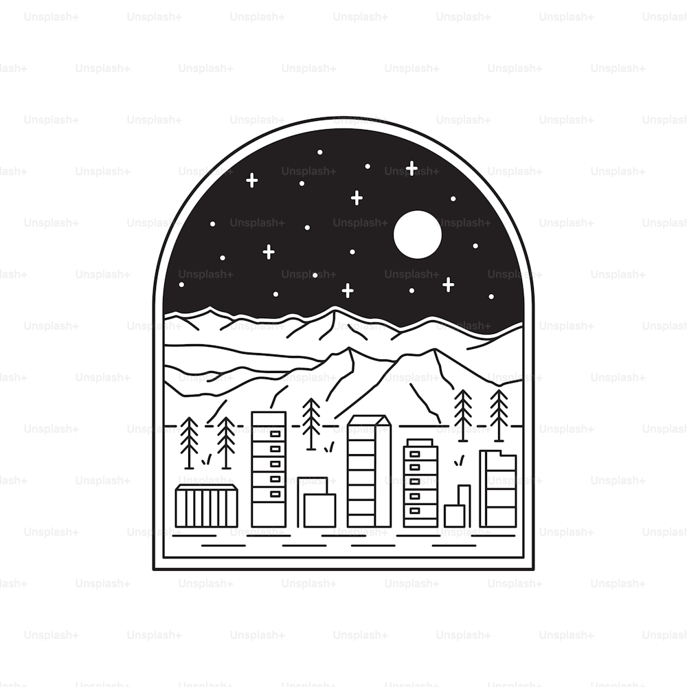 Una vista di una città sotto una montagna in mono line art, illustrazione grafica della spilla della toppa del distintivo, disegno della t-shirt di arte vettoriale