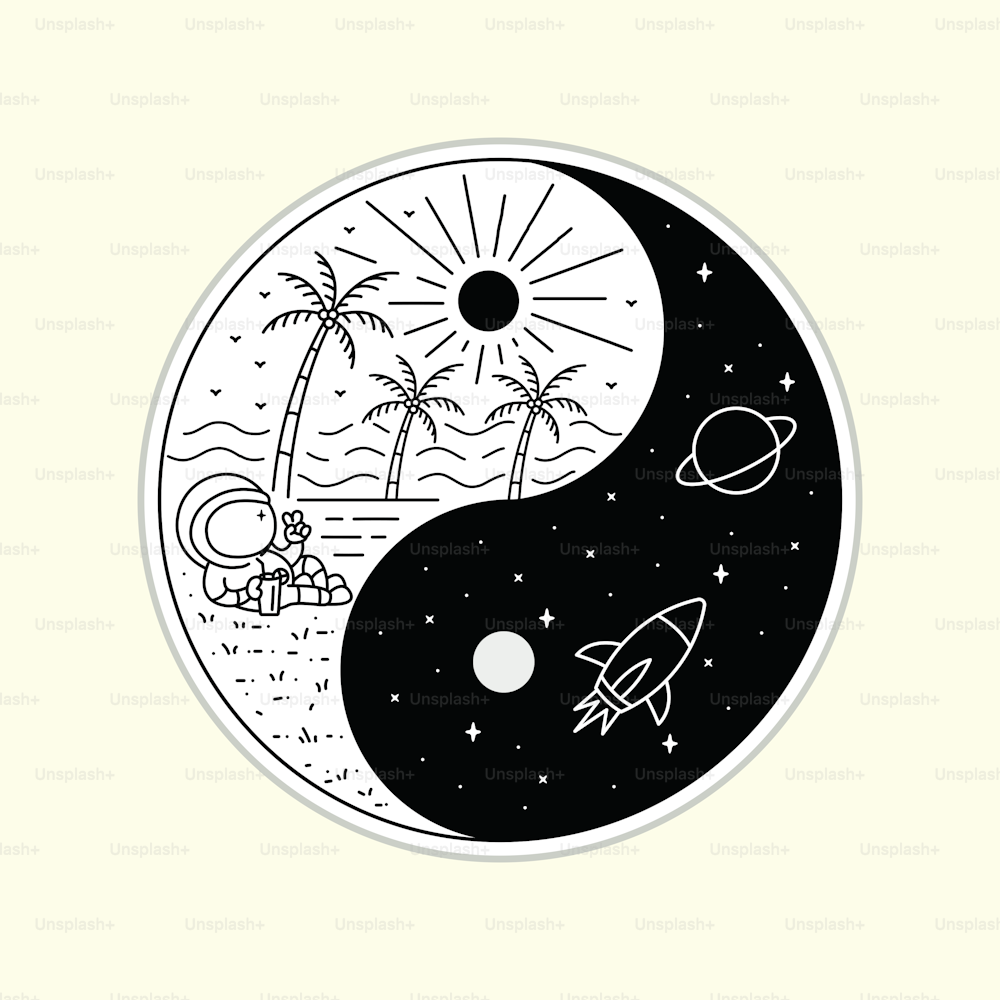 an astronaut relaxing on a space beach in yin yang style