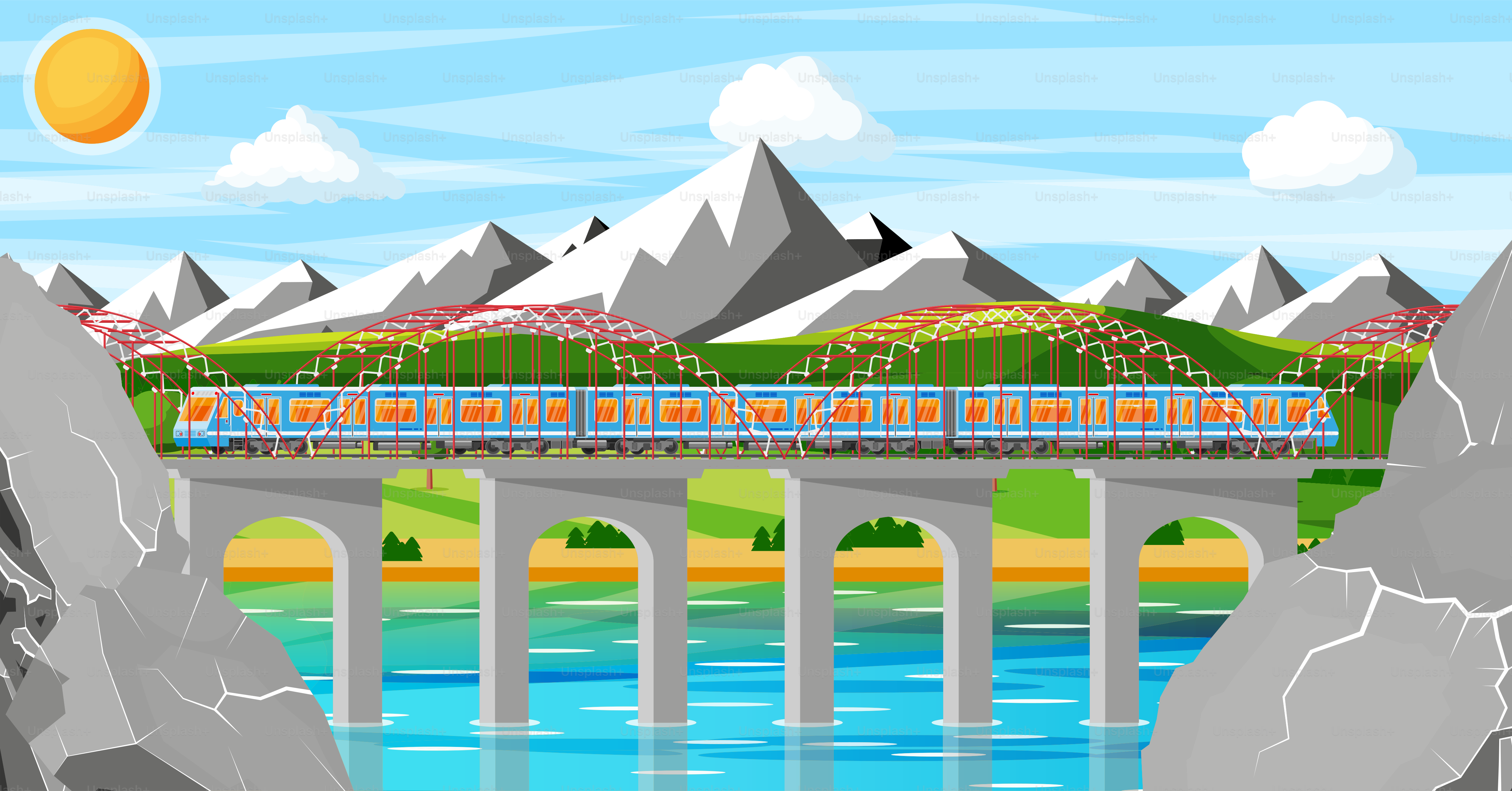 Train and Landscape with Mountain. Super Streamlined Train. Passenger Express Railway Locomotive. Monorail Railroad Public Transportation. Rapid Transport Subway. Flat Vector Illustration