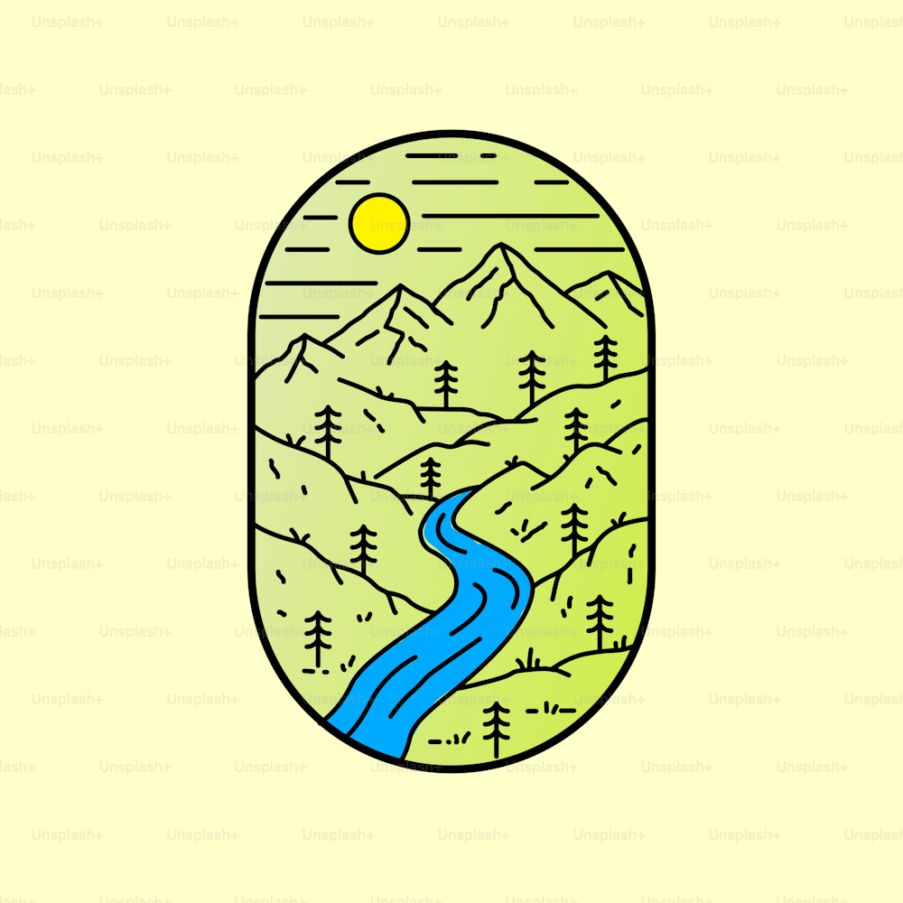 Vista do rio, floresta e montanha - linha de arte mono linha para pin ilustração gráfica vetorial arte design de camiseta