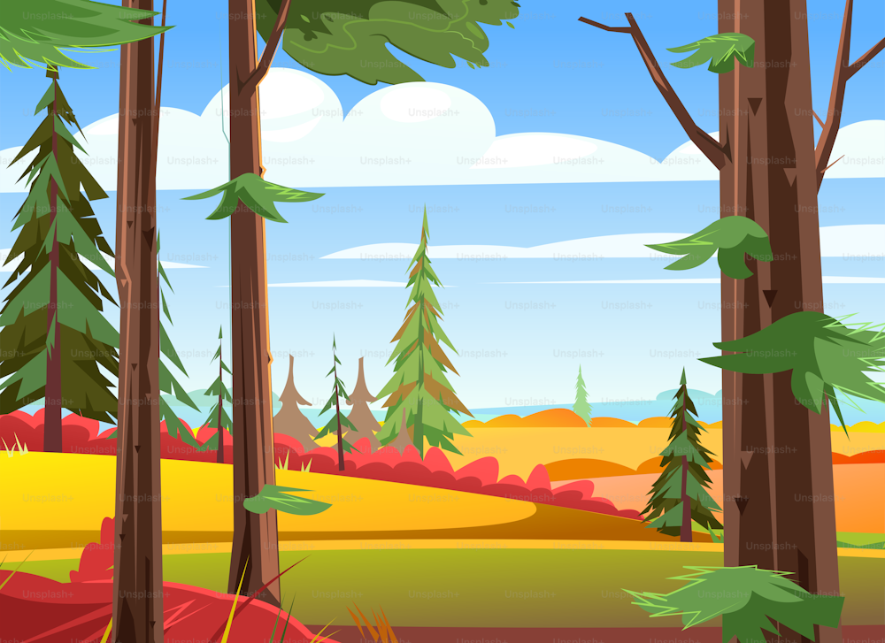 Autumn landscape. View from the forest. Beautiful bright rural scene with orange and yellow grass and plants. Illustration in cartoon style flat design. Vector.