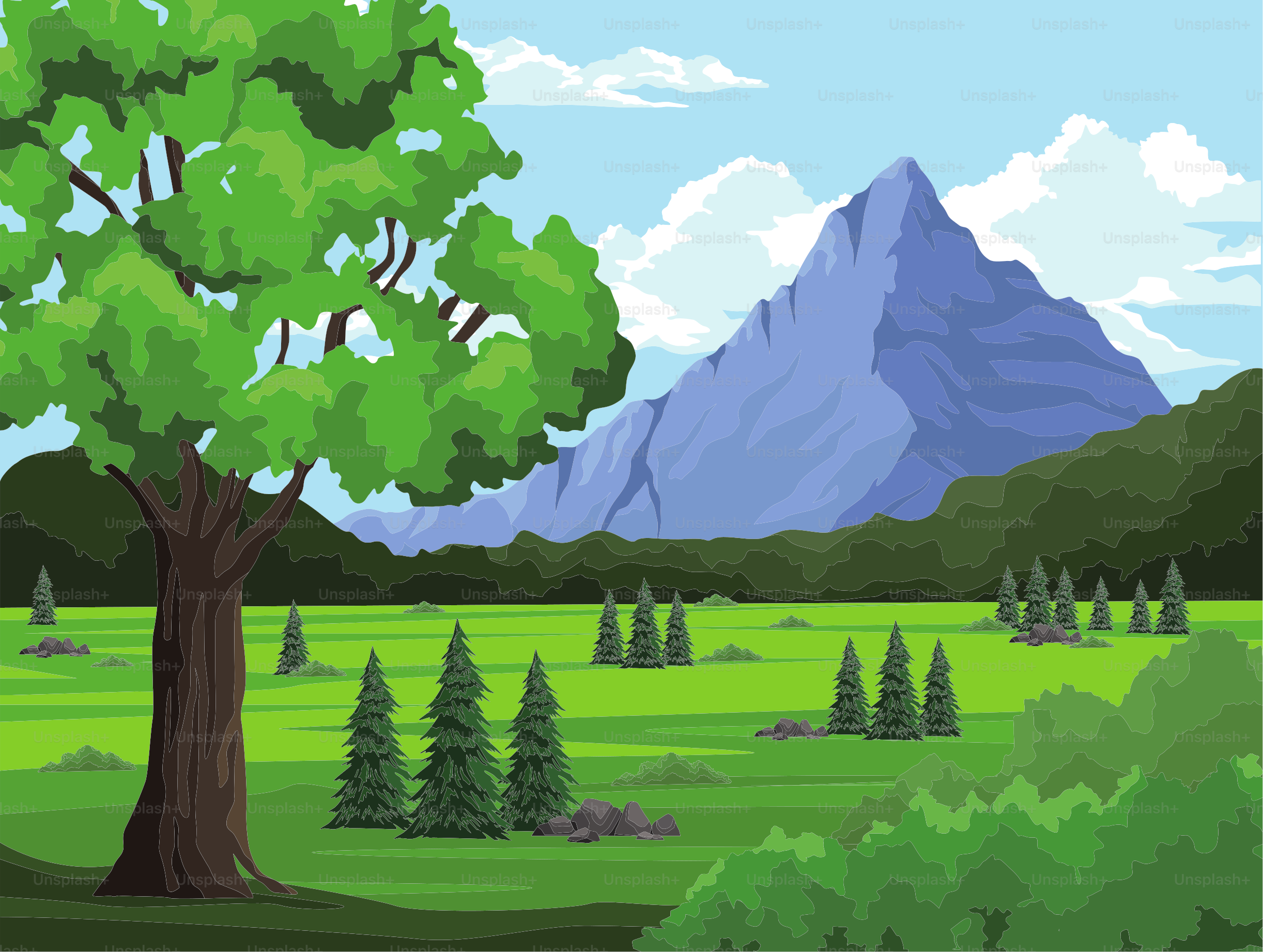 Arbres et scène de voyage en montagne