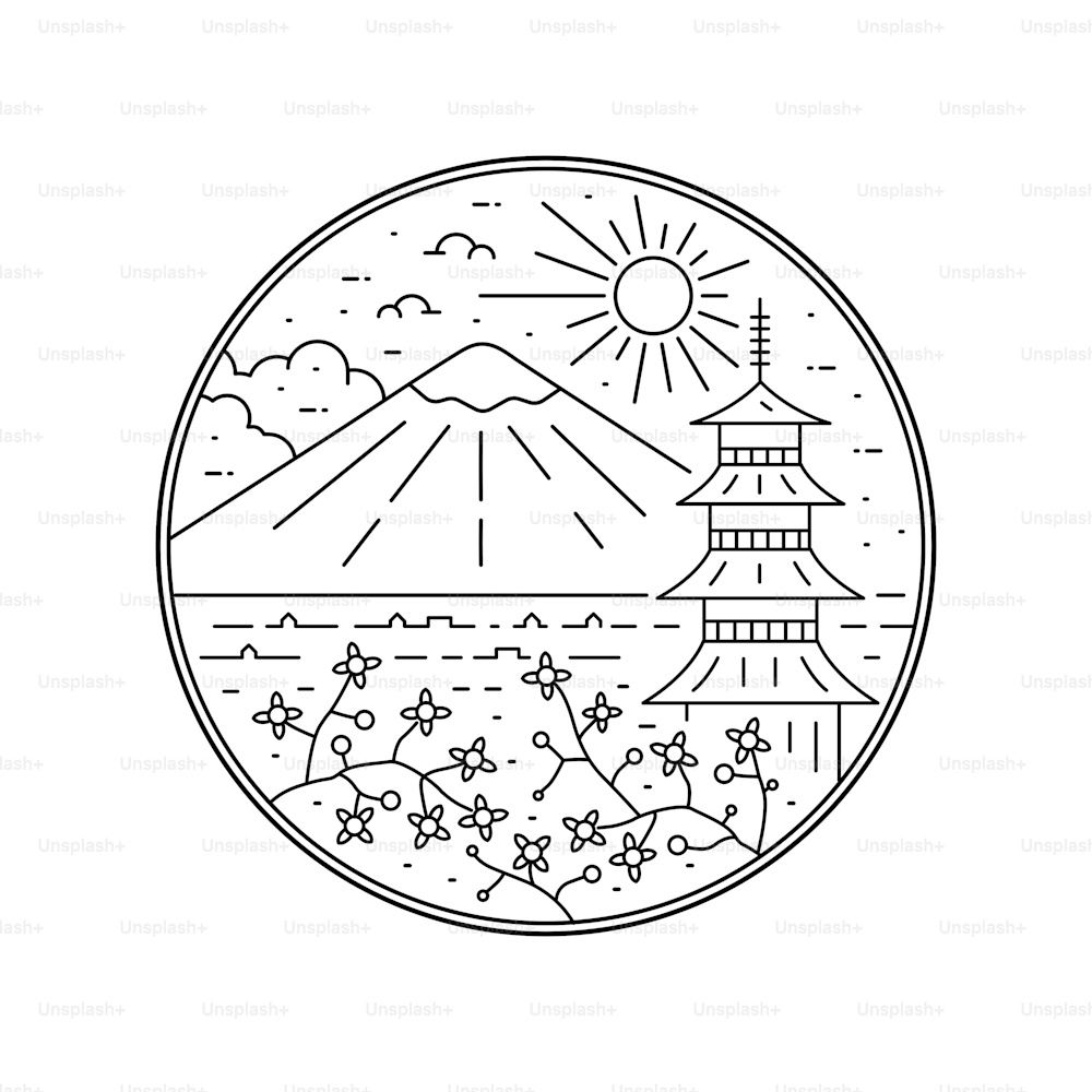 design of mount Fuji scenery, cherry blossoms and japanese pagoda in mono line art