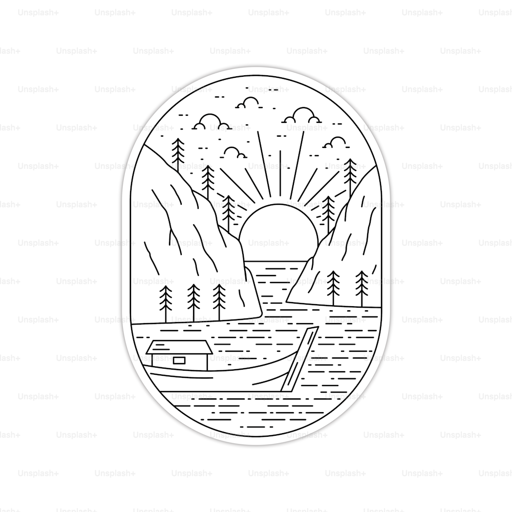 mono line - outline design of hill on the sea with wooden boat on the sunset
