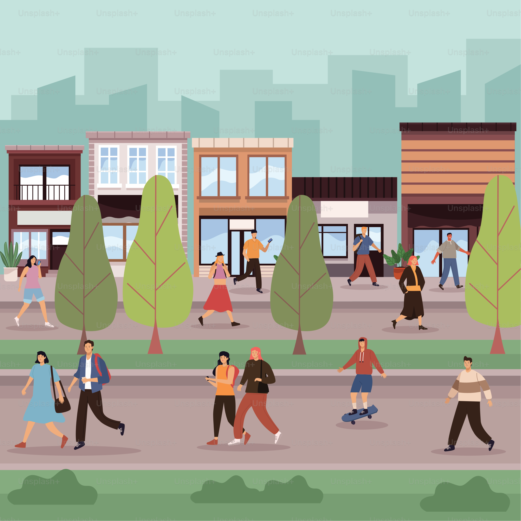 personnes marchant sur la scène du paysage urbain