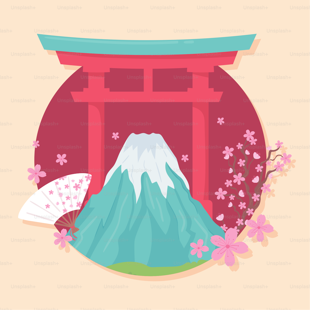 Dibujos animados del Monte Fuji y la puerta de Japón