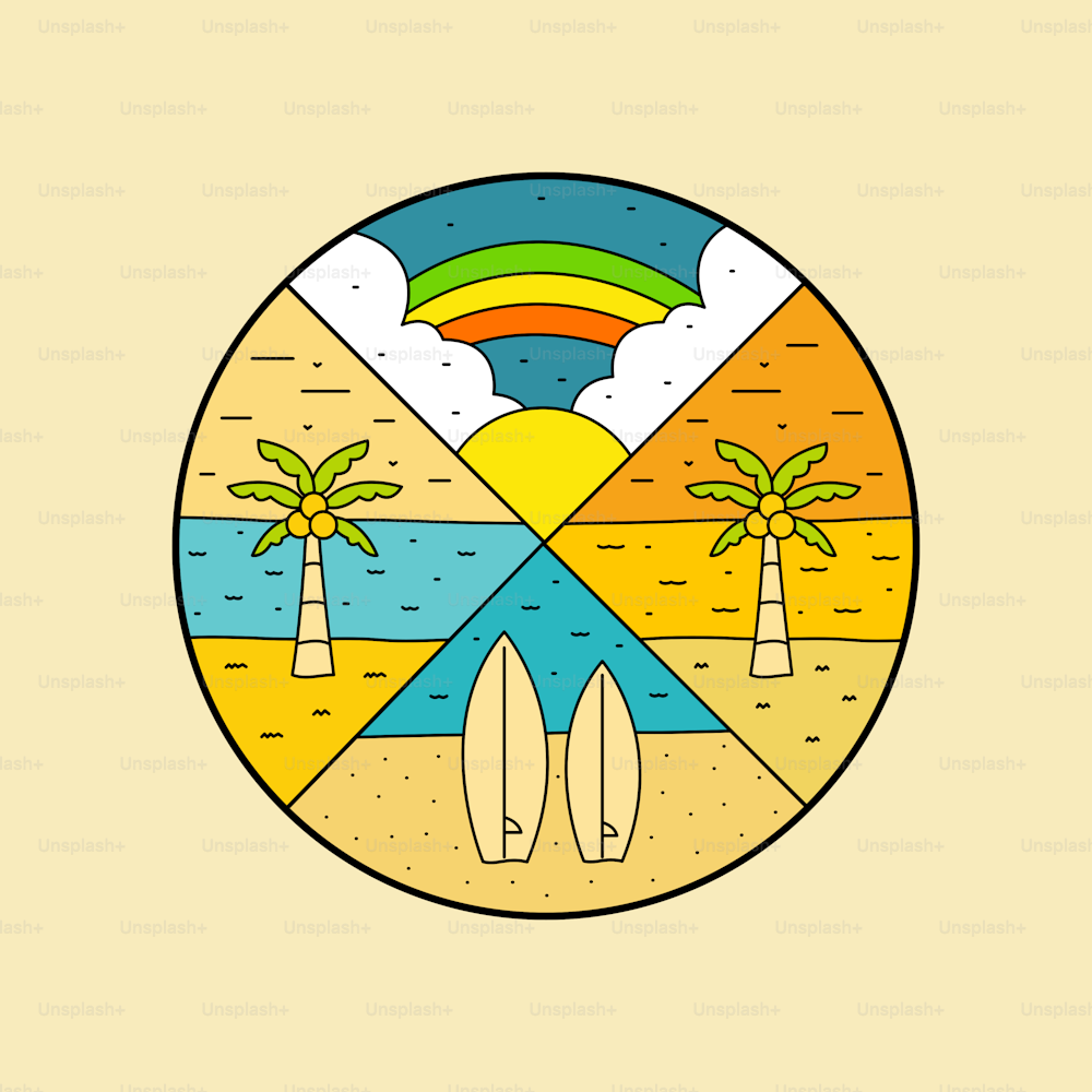 design of summer beach coconut and surfboard for badge patch emblem graphic vector art t-shirt design