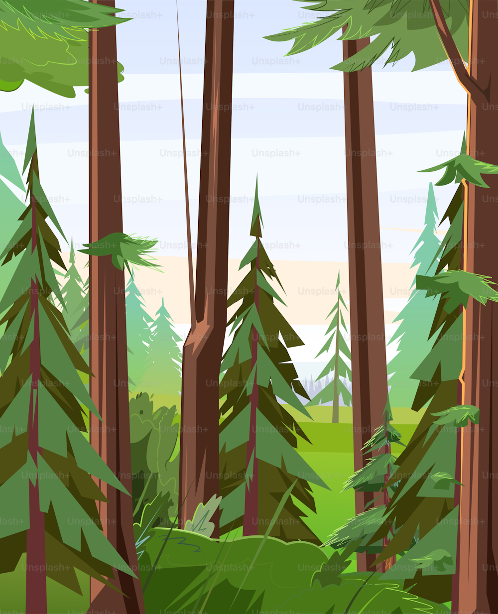 Thickets. Tree trunks. Young and adult christmas trees. Beautiful pine forest. Wild floral landscape. Illustration in cartoon style flat design. Vector.