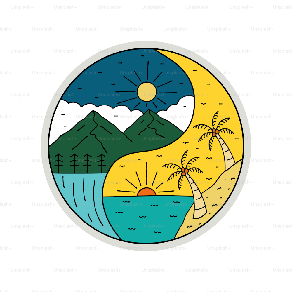 Yin Yang Concepto de naturaleza de montaña y playa. la vida silvestre y el verano. para el diseño de la camiseta del arte vectorial gráfico del emblema del parche de la insignia