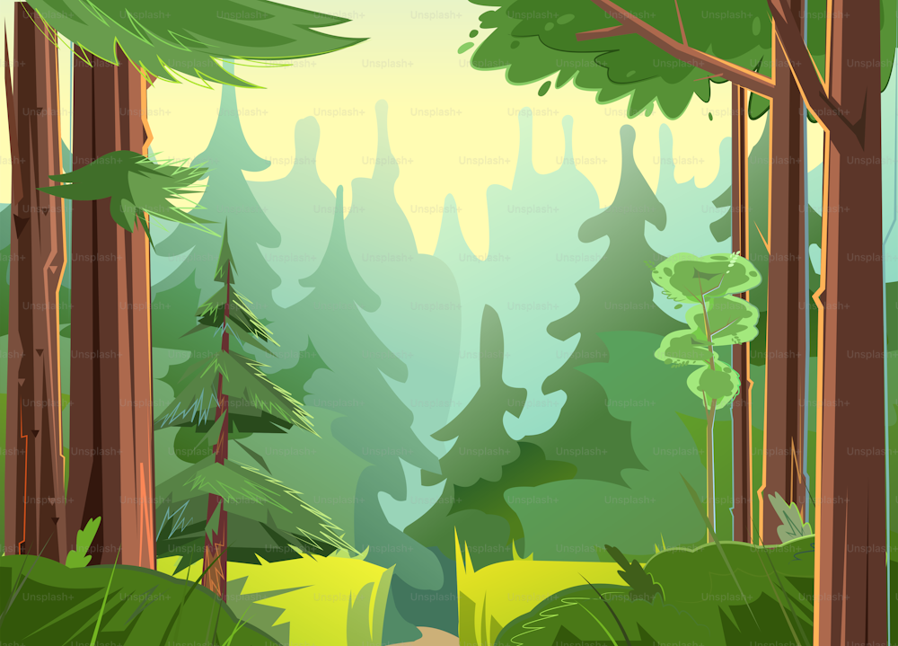 Camino en el bosque de coníferas. Hermoso paisaje de verano con árboles. Pinos verdes y comió. Ilustración en diseño plano de estilo de dibujos animados. Vector.