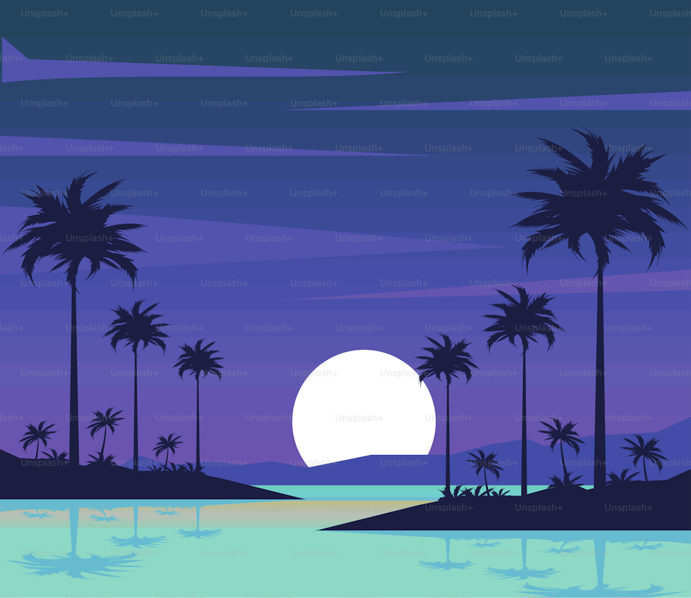 Noche de paisaje marino de playa con palmeras