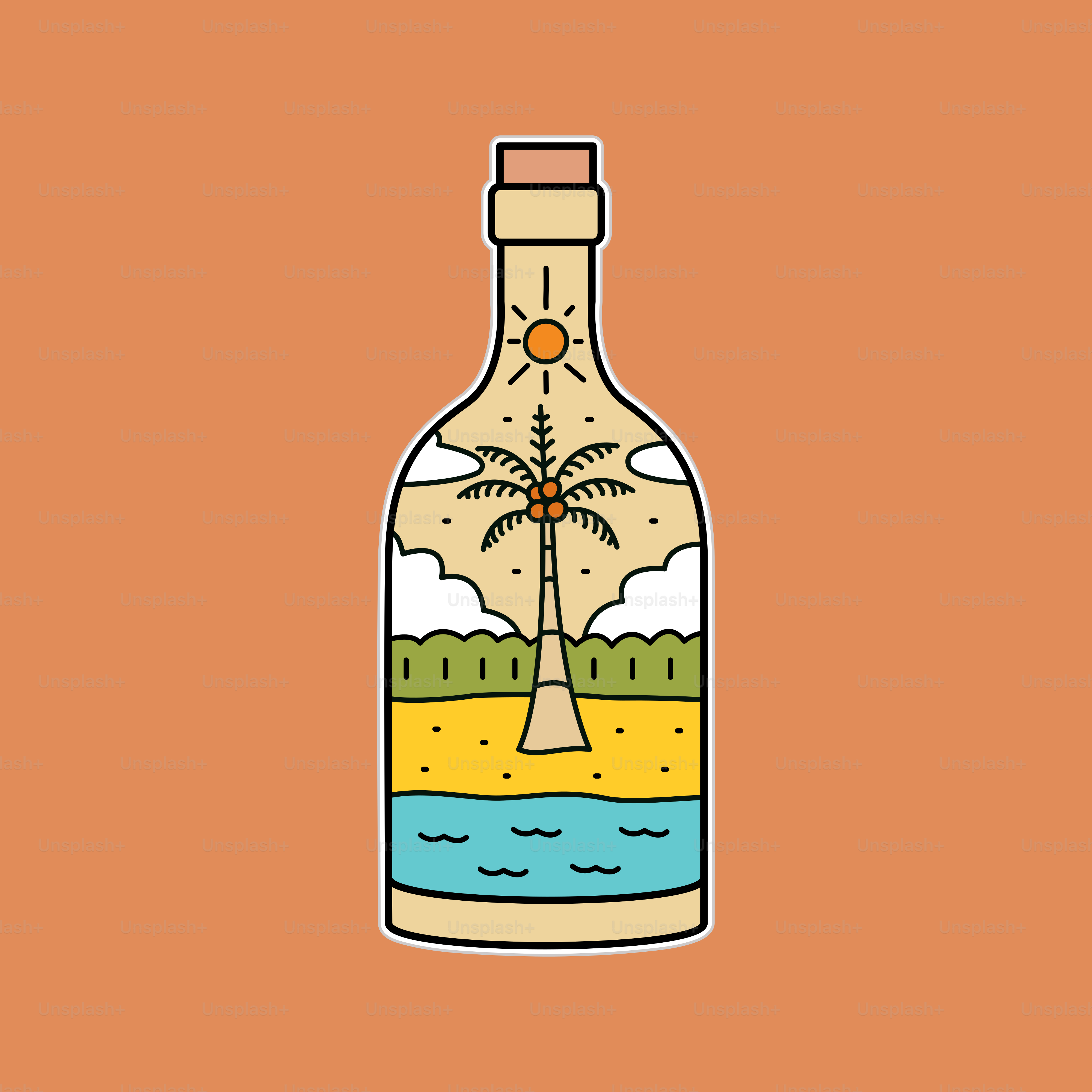 flat design of summer beach coconut and wave in bottle shape for badge patch emblem graphic vector art t-shirt design
