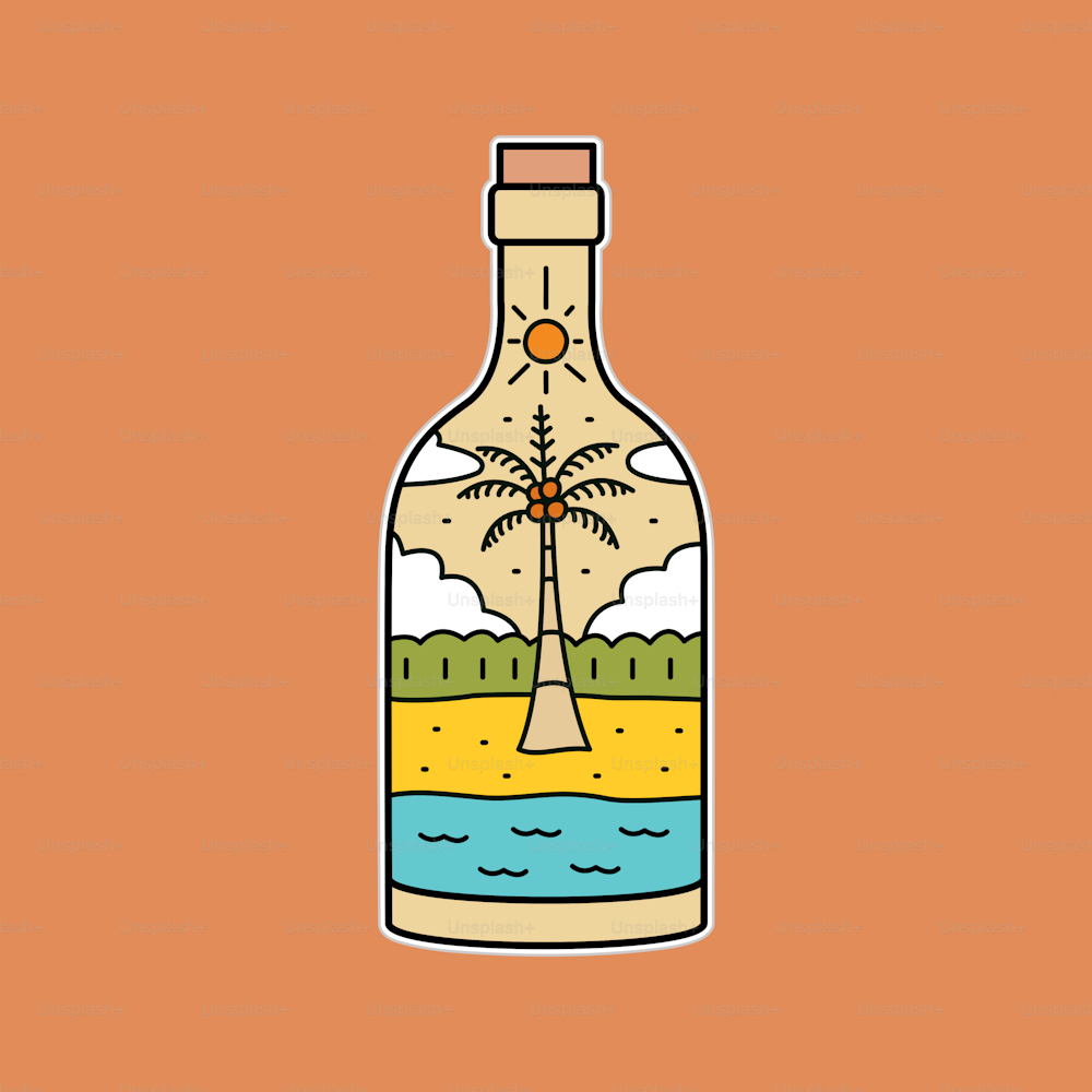 flat design of summer beach coconut and wave in bottle shape for badge patch emblem graphic vector art t-shirt design