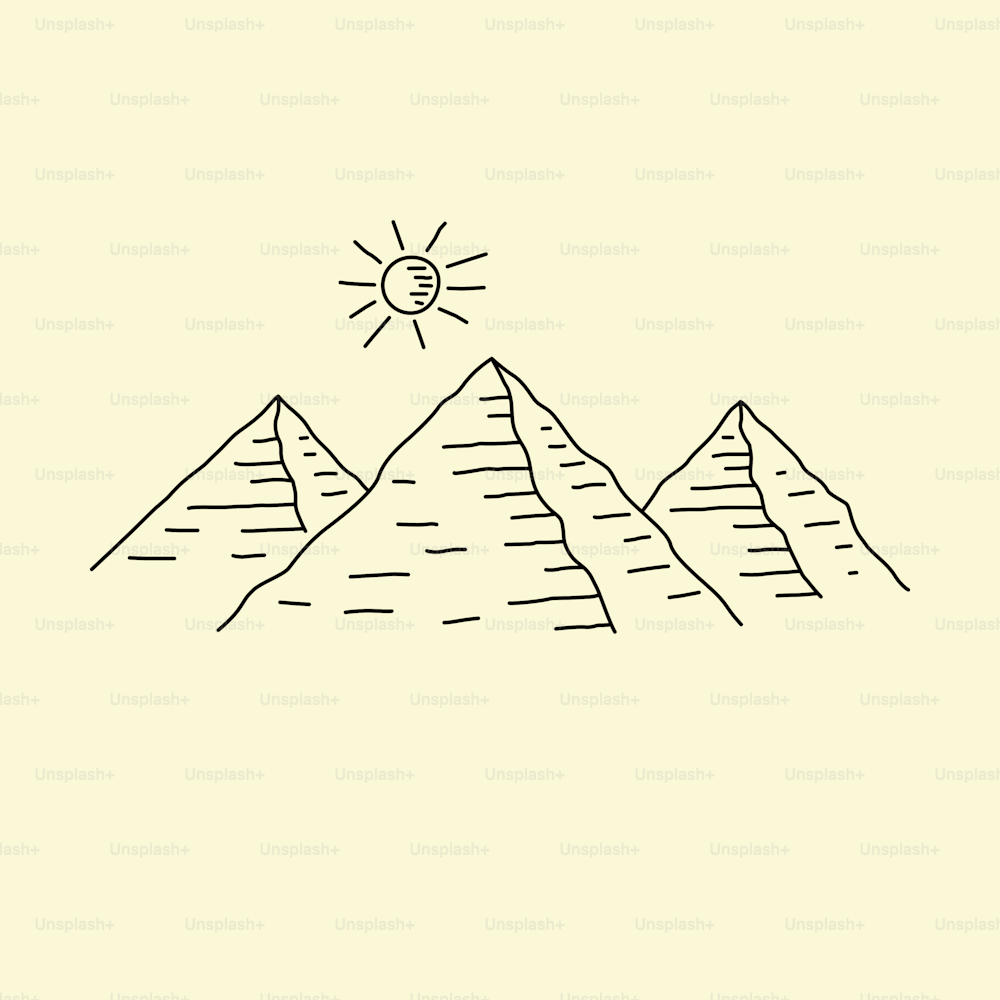 Simple vector illustration of mountains and sun in one line style