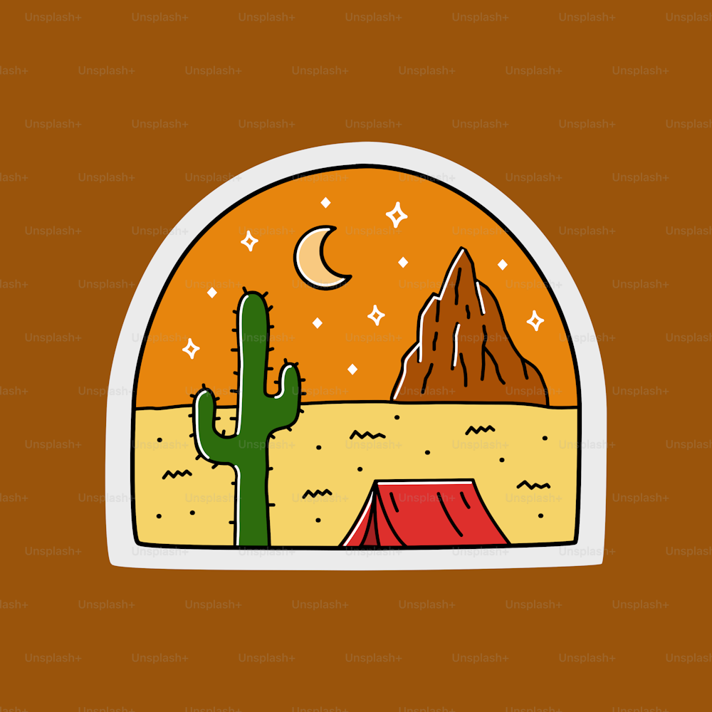 Cactus y campamento en el desierto de la colina view.design para camiseta, insignia, parche, pegatina, etc