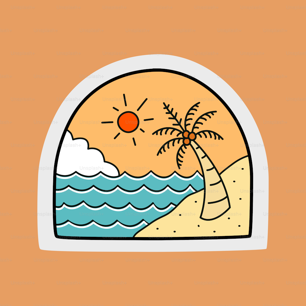 View of summer beach and coconut tree.design for t-shirt, badge, sticker, etc