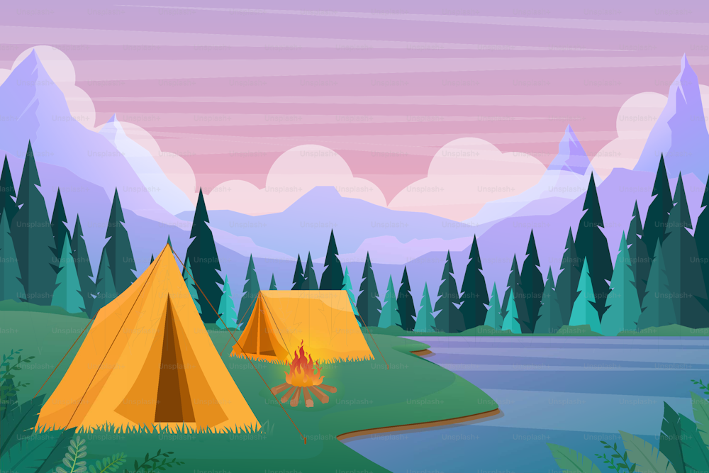 Ilustración vectorial de acampada de aventura en la naturaleza al aire libre. Campamento turístico plano de dibujos animados con lugar de picnic y tienda de campaña entre el bosque, paisaje montañoso en el fondo