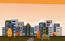 Autumn Fall Season City Park Building Trees Cityscape Flat Design Illustration
