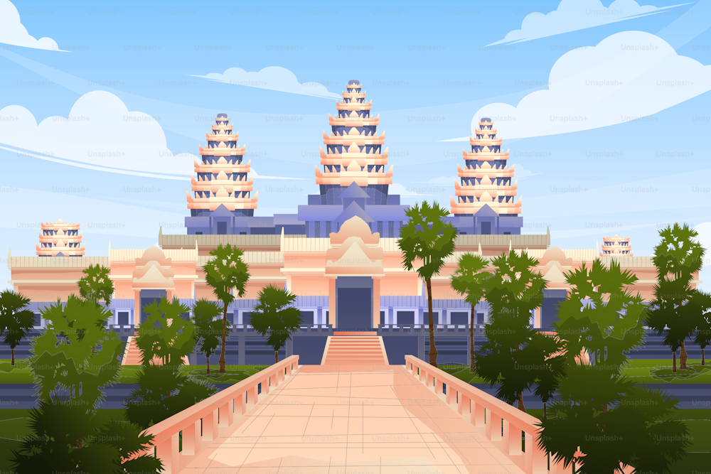 Beautiful scene with Angkor Wat in Cambodia, one of famous landmark in Asia tourist attraction design postcard or travel poster, Vector illustration.