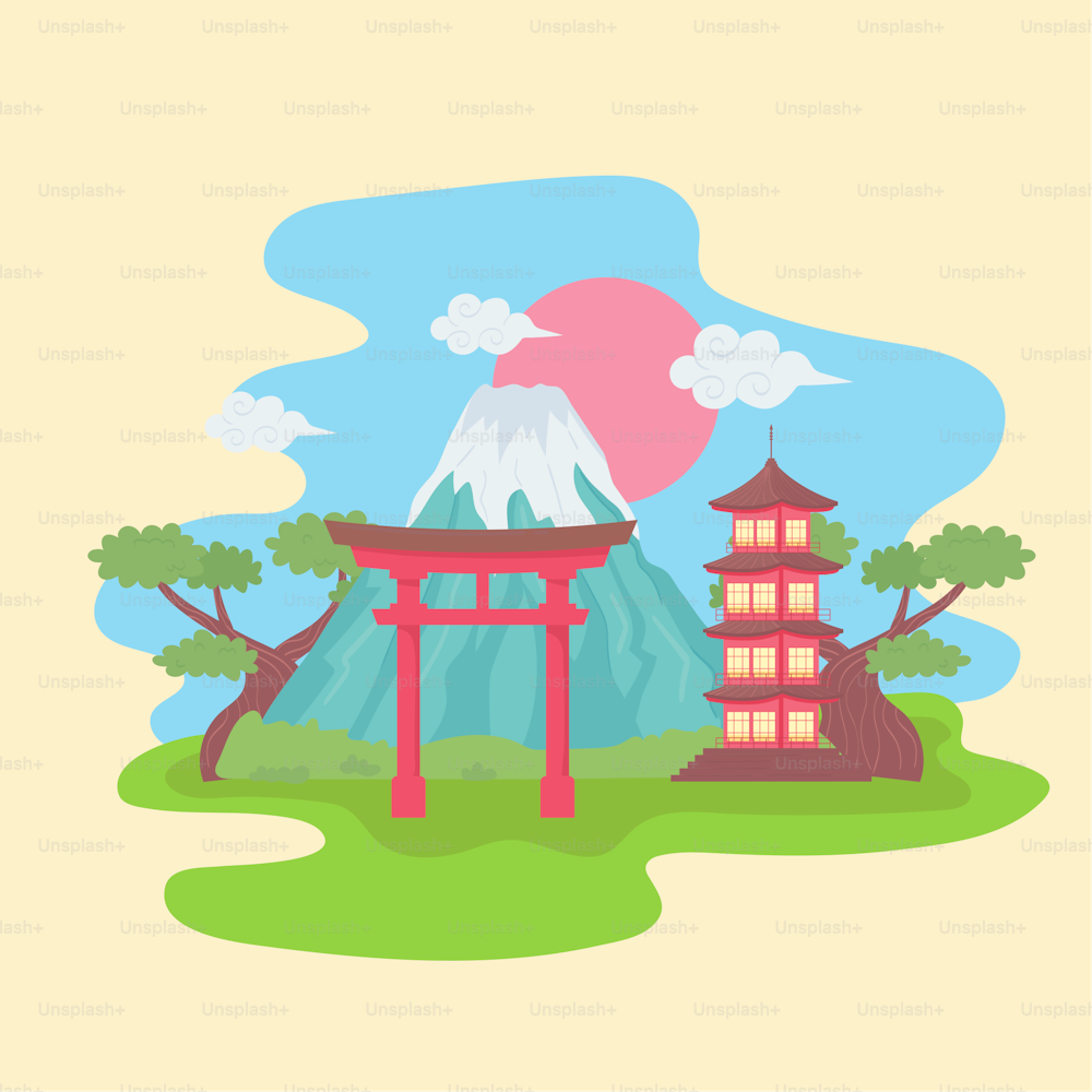 Puerta torii del monte Fuji y pagoda japonesa