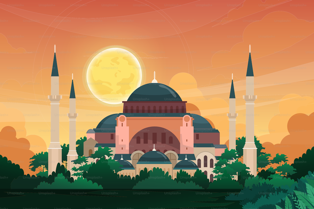 Beautiful scene of Saint Sophie Cathedral Byzantine art monument. Istanbul travel destinations. Turkey country buildings landmarks. design postcard or travel poster, Vector illustration
