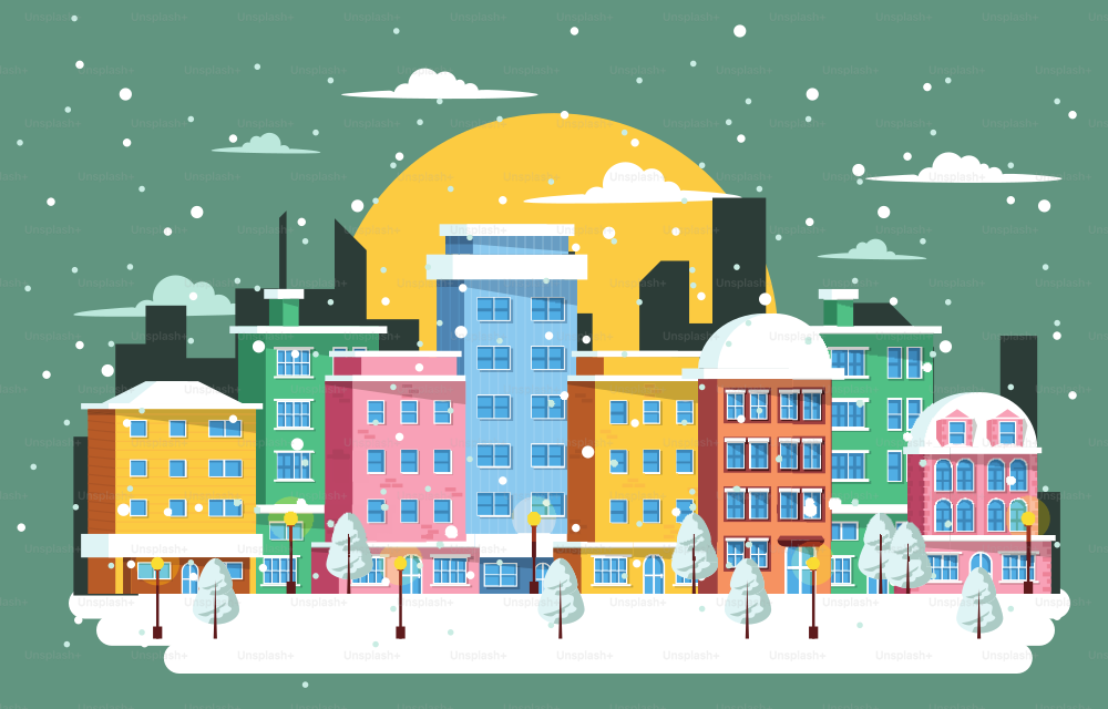 Mond Stadtlandschaft Stadtbild kalter Winter Schnee Gebäude