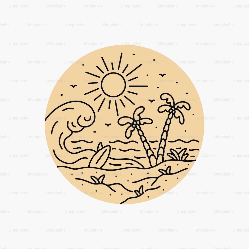 Kokosnussstrand und die Wellen für Abzeichen Patch Pin Emblem Grafik Illustration Vektor Kunst T-Shirt Design