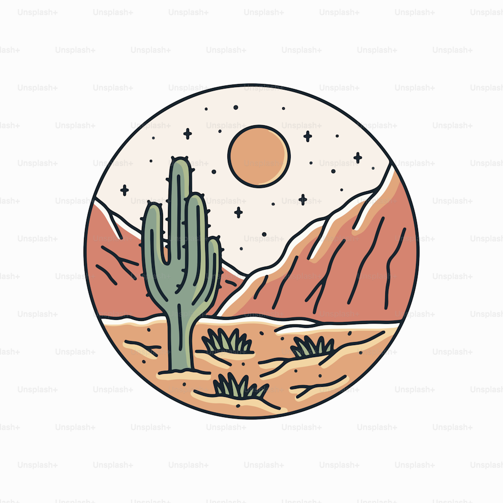 Wild desert mono line art design for t-shirt, badge, patch, sticker, etc