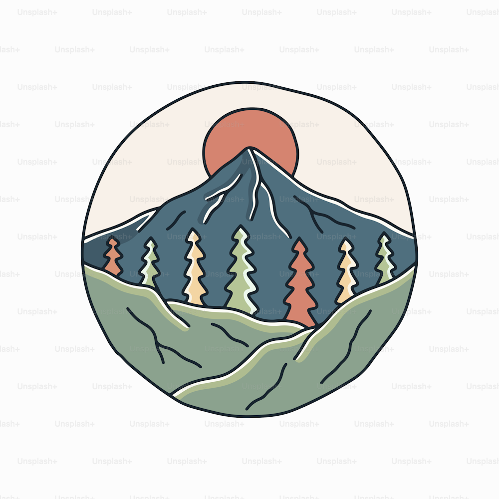 The mountain and maroon sun outdoor vector for t-shirt, sticker, and badge design