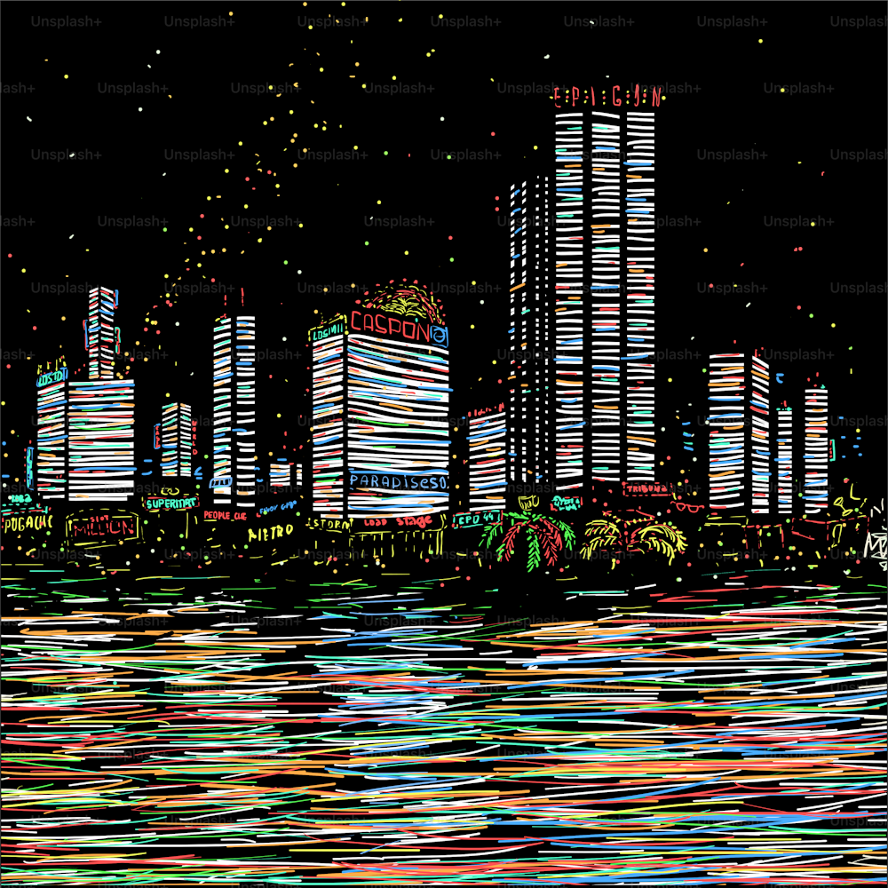 밤의 도시와 물에 반사