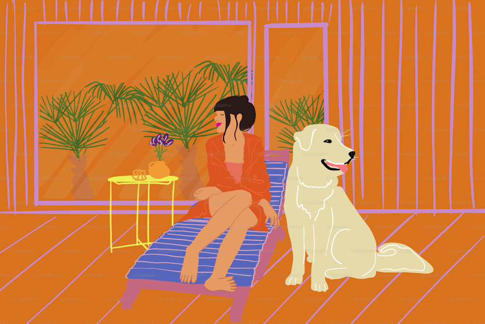 A mulher aprecia a natureza enquanto se senta relaxada na espreguiçadeira no terraço da casa com grande cão branco. Conceito de relaxamento e amizade com animais de estimação. Ilustração vetorial