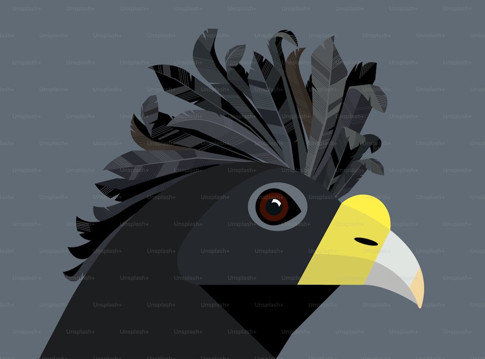 Great curassow head with a magnificent crest and yellow beak on a gray-blue background, stylized image, vector