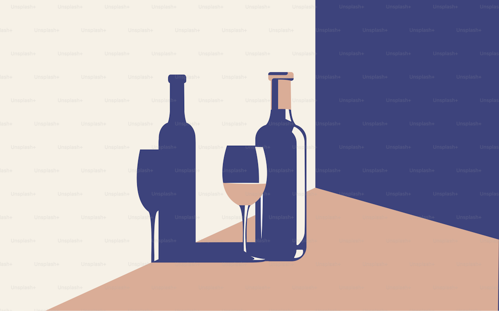 Illustrazione vettoriale di una bottiglia di vino e di un bicchiere con vino accanto in colori di tendenza in uno stile minimale.