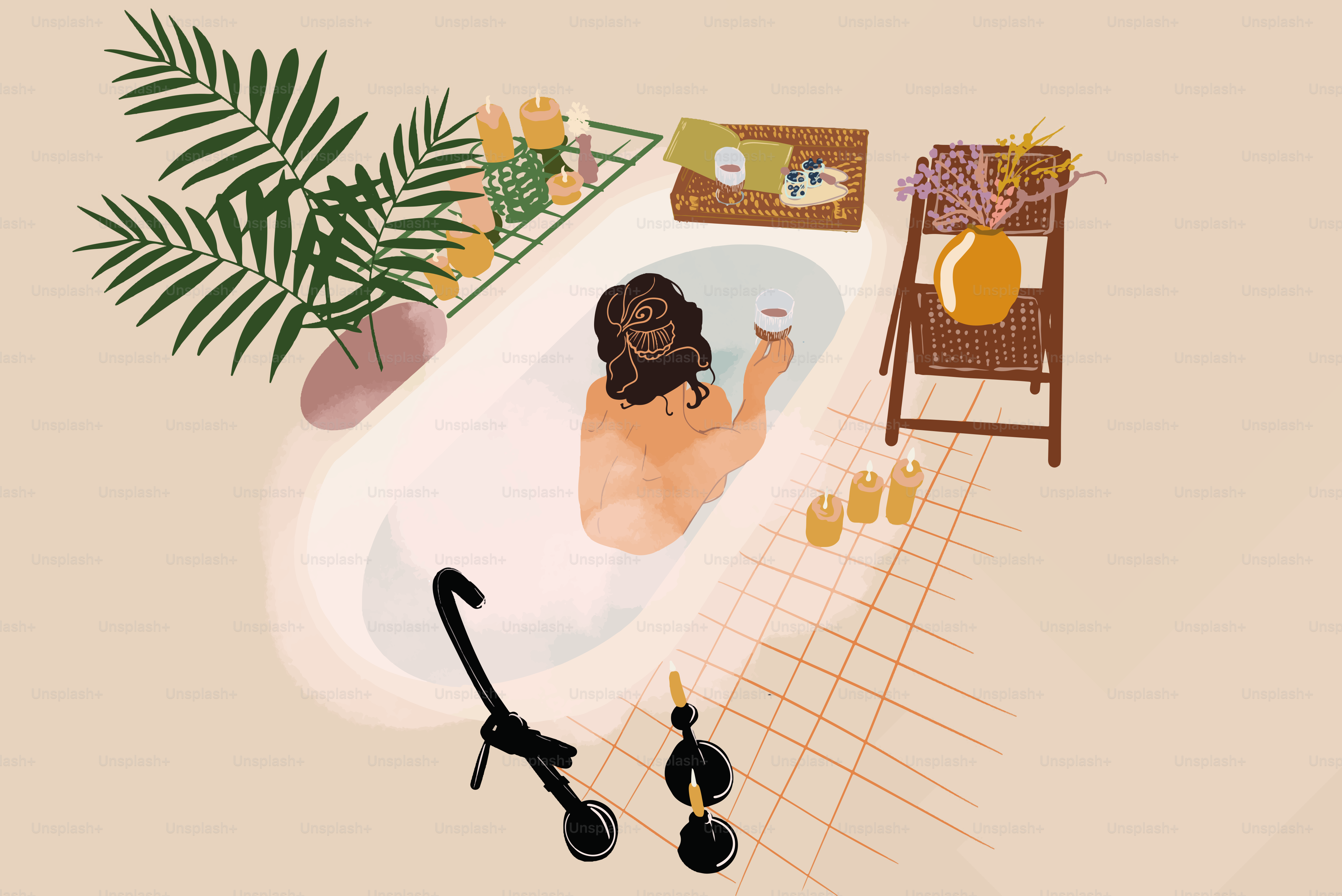 Schöne Frau liegt in einer Badewanne mit Dampf in der Nähe von Palmen, Kerzen, Blumen und einem Glas mit Kakao. Spa- und Relax-Konzept. Vektor-Illustration