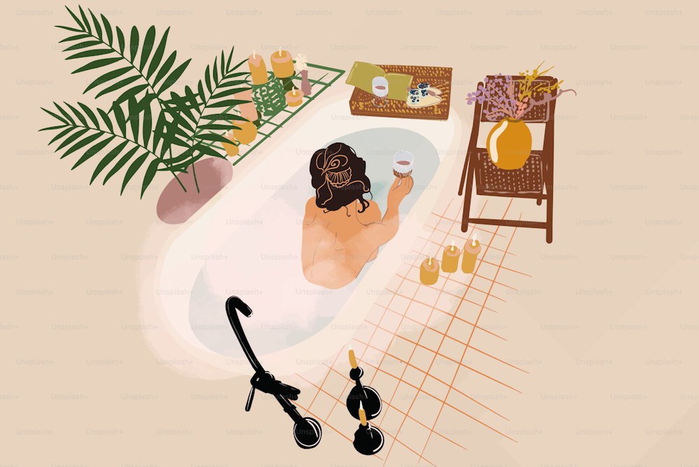 Beautiful woman lying in a bath with steam near palm, candles, flowers and a glass with cacao. Spa and relax concept. Vector illustration