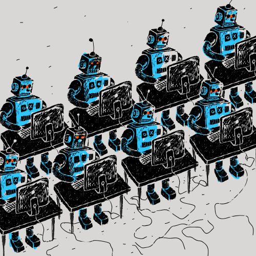 Group of Robots und Personal Computer Vektorillustration