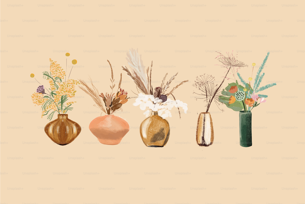 Set of bouquets in vases in pastel tones. Vector illustration in flat style. Floral compositions of mimosa nobilis monstera tulips nelumbo Craspedia Miscanthus, pampas grass, Eucalyptus