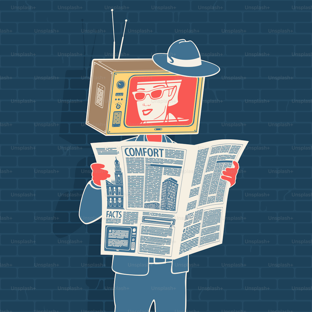 Illustration Vector Man With Newspaper and Head TV